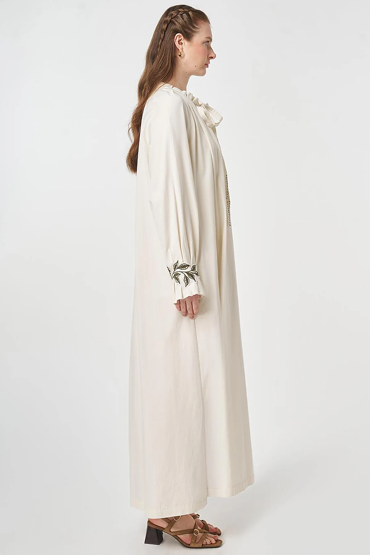 Cuff Detailed Lyocell Cotton Dress Cream
