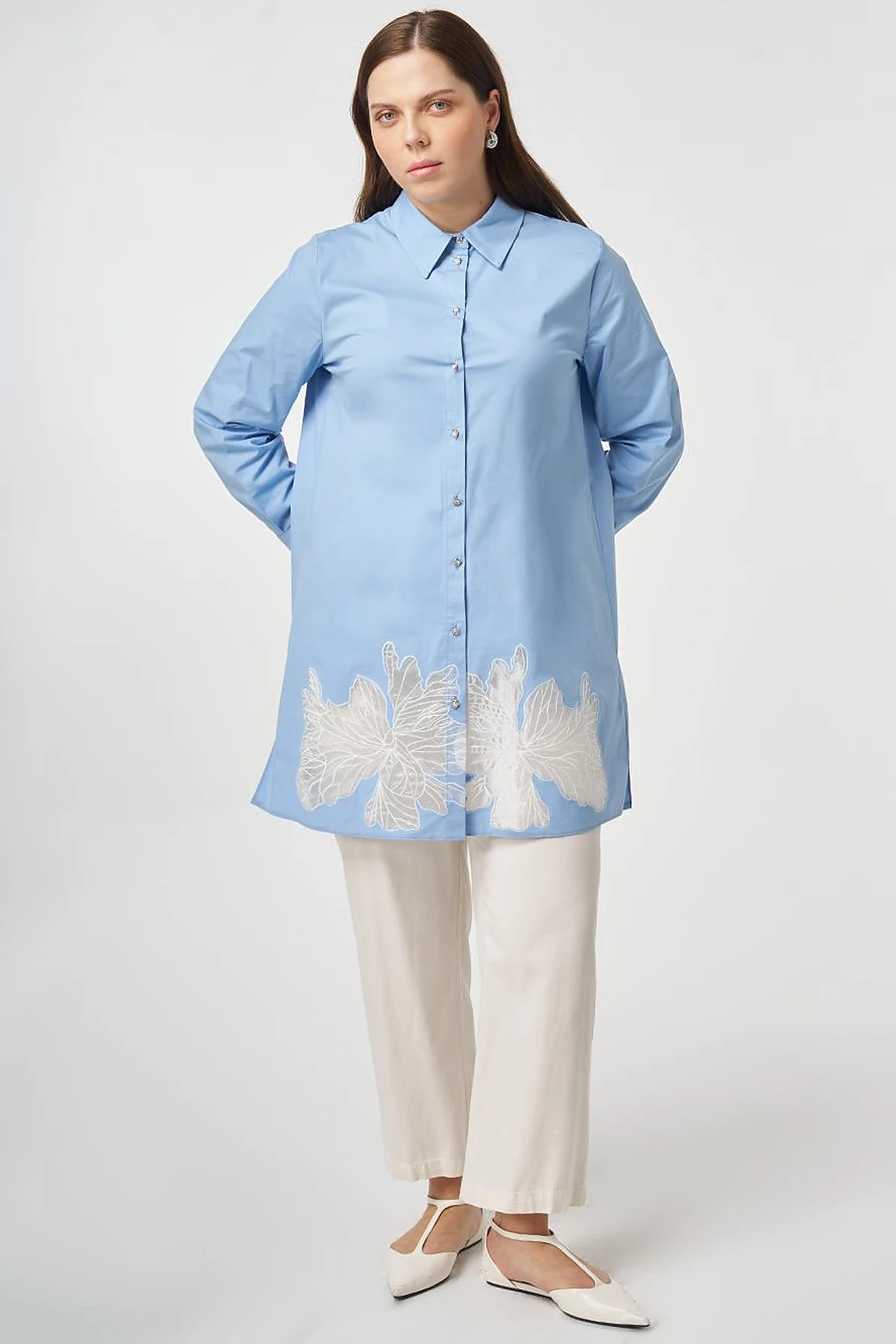 Cotton Tunic with Embroidered Appliqué Light Aviator Blue