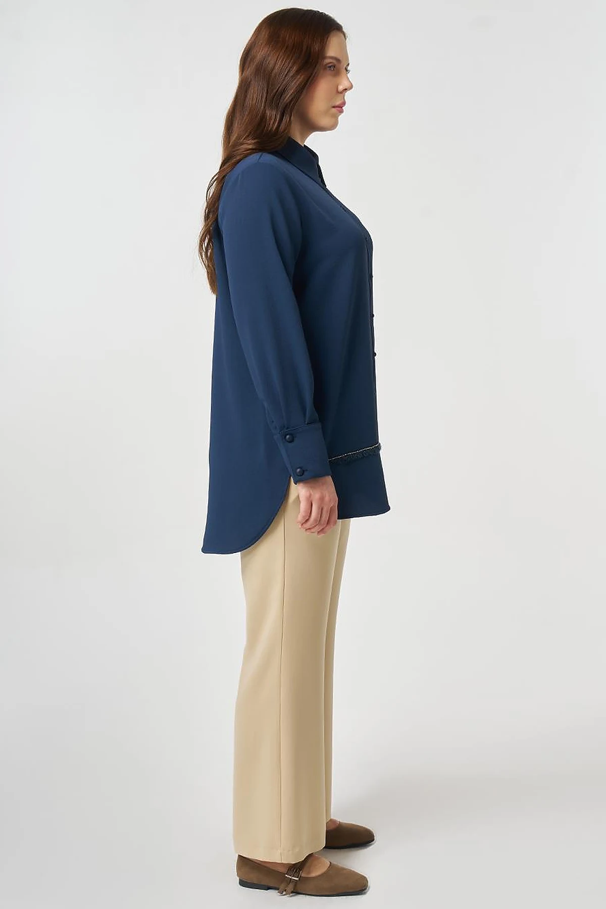 Striped Detail Shirt Collar Tunic Dark Navy