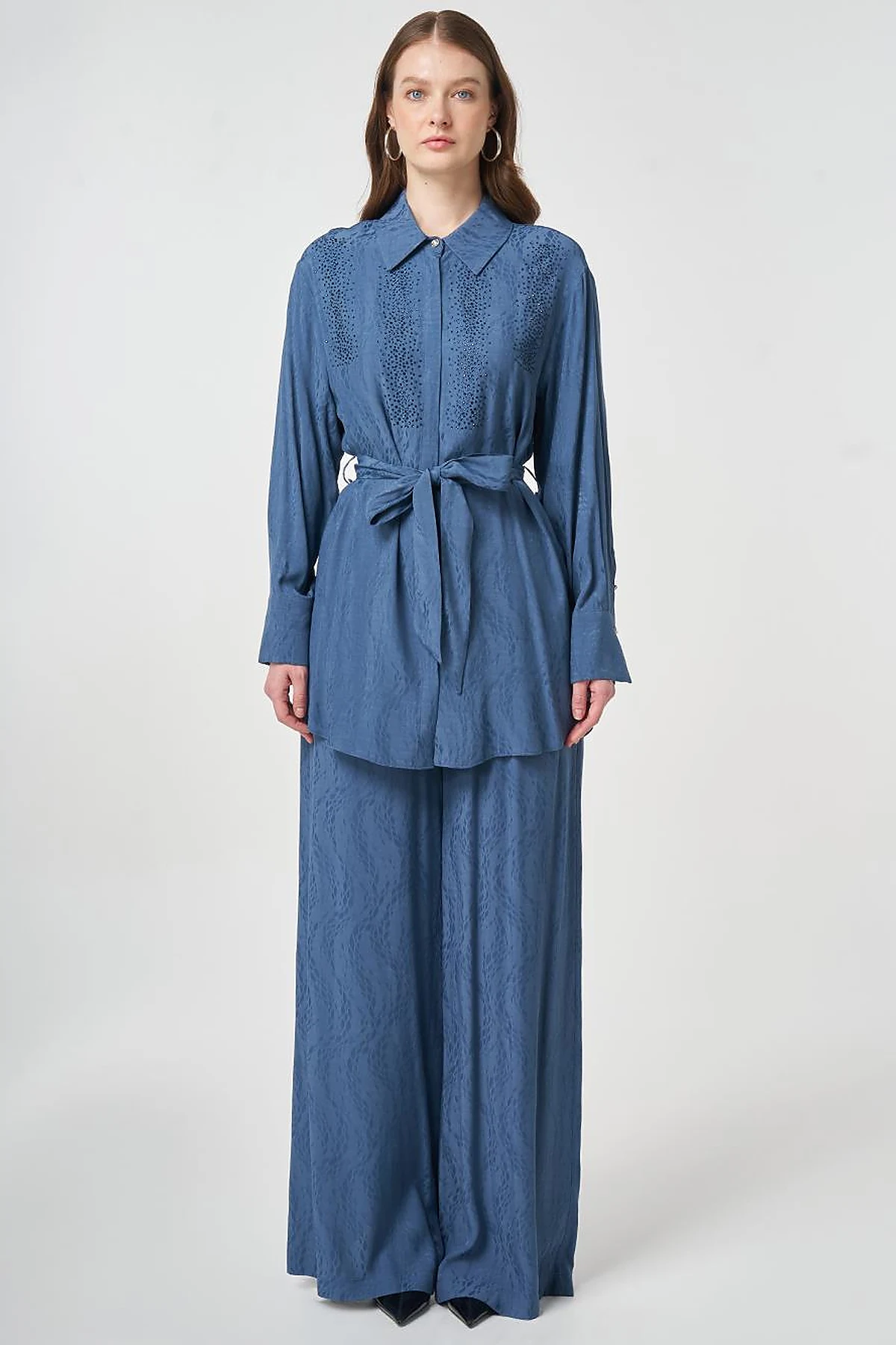 100% Viscose Hotfix Printed Two-Piece Set Indigo