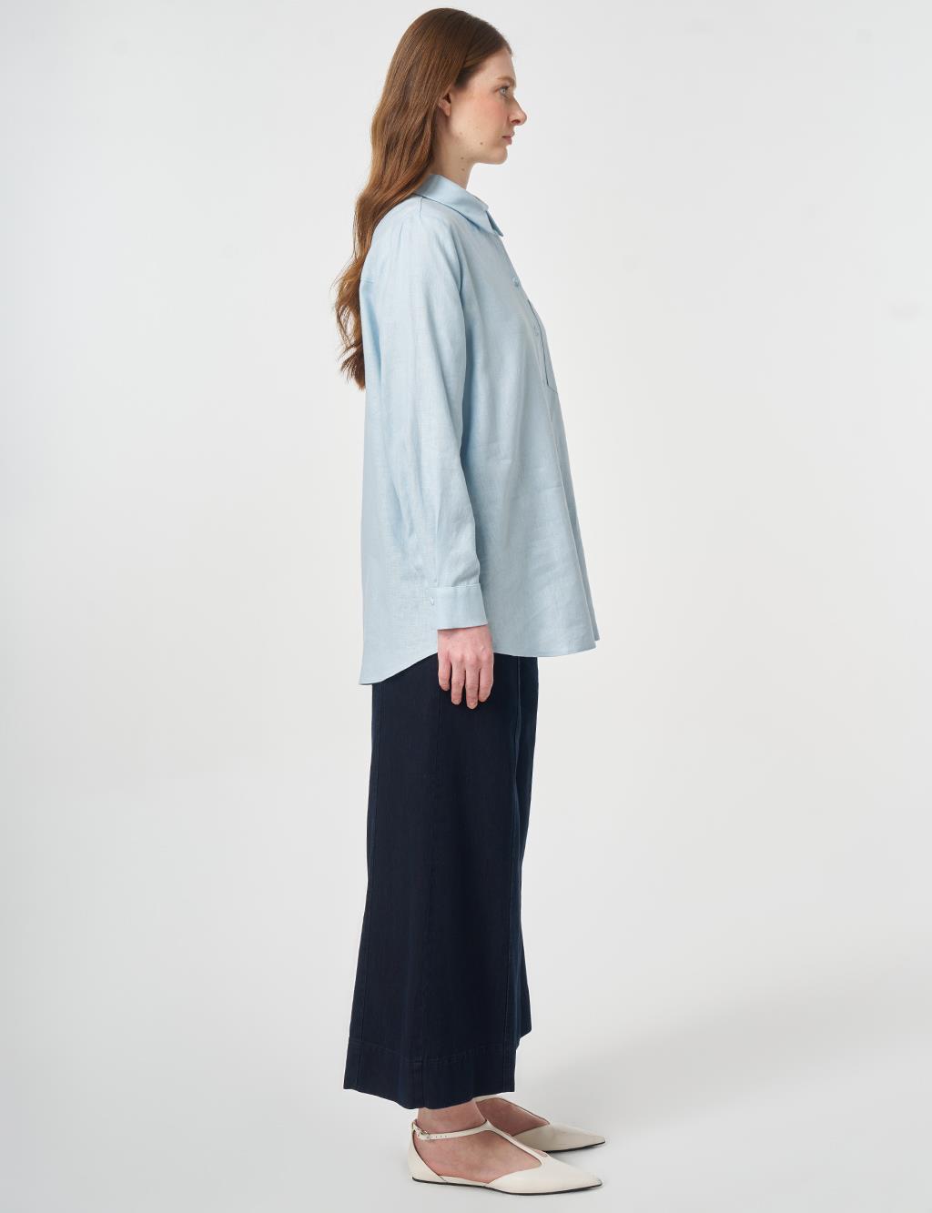 Single Pocket Cotton Lyocell Blouse Blue