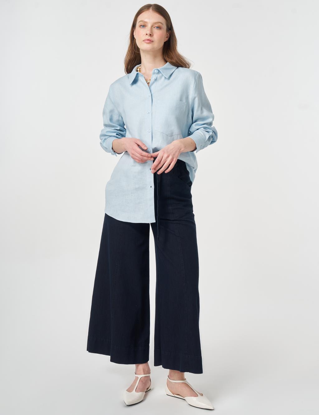 Single Pocket Cotton Lyocell Blouse Blue