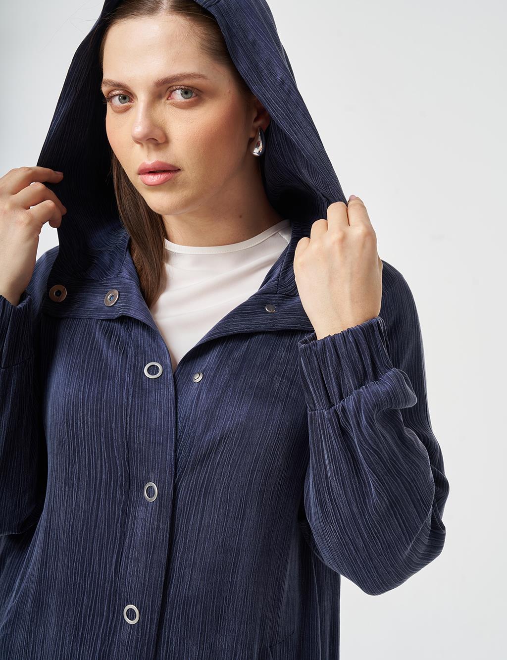 Kapüşonlu Lyocell Viskon Pardesü Koyu Lacivert