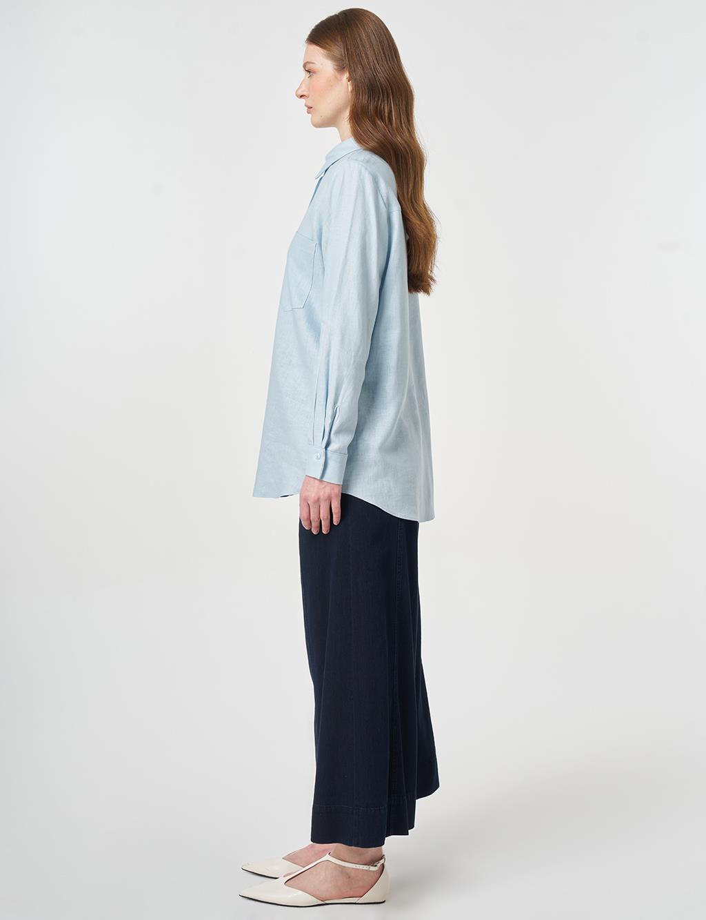 Single Pocket Cotton Lyocell Blouse Blue