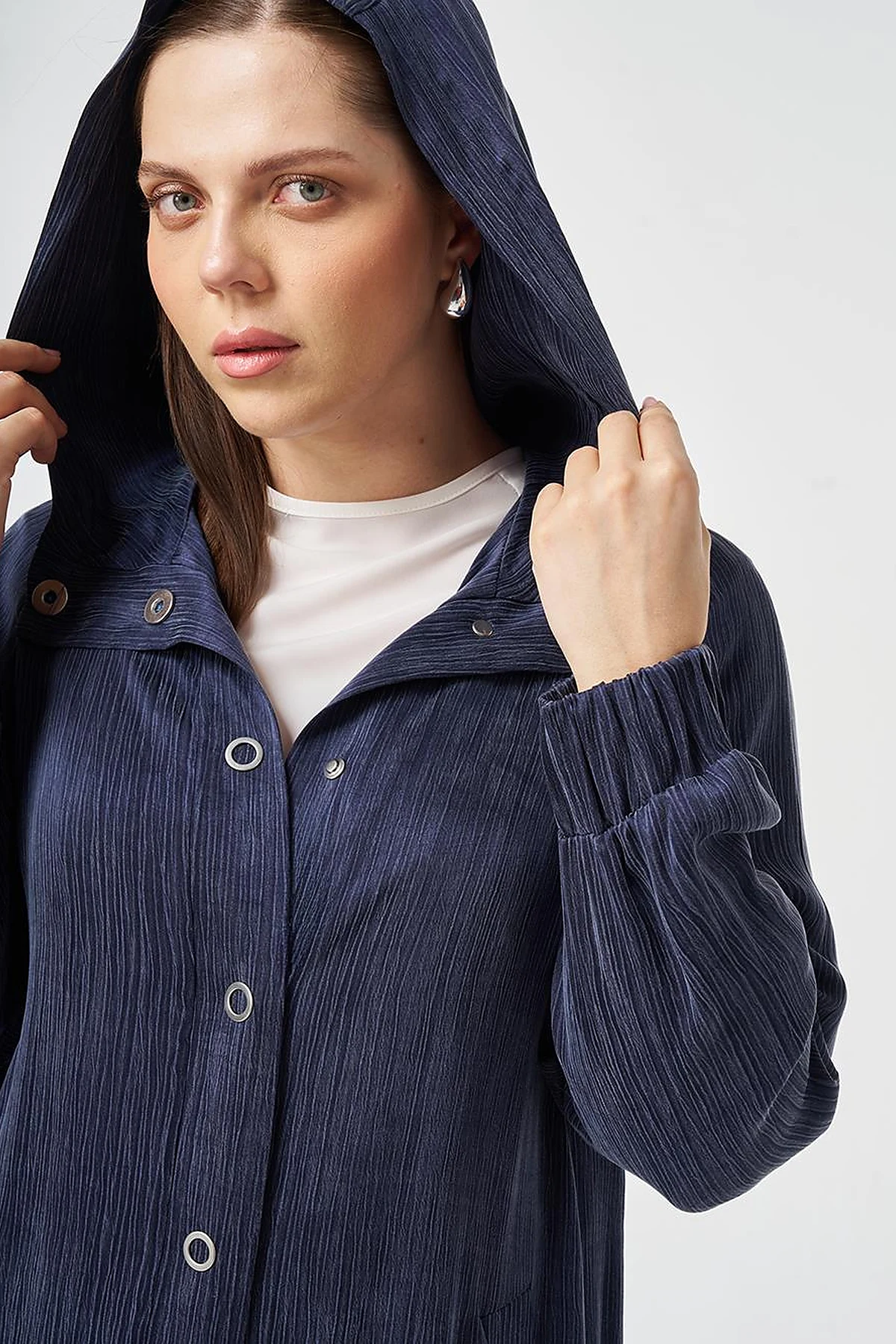 Hooded Lyocell Viscose Overcoat Dark Navy