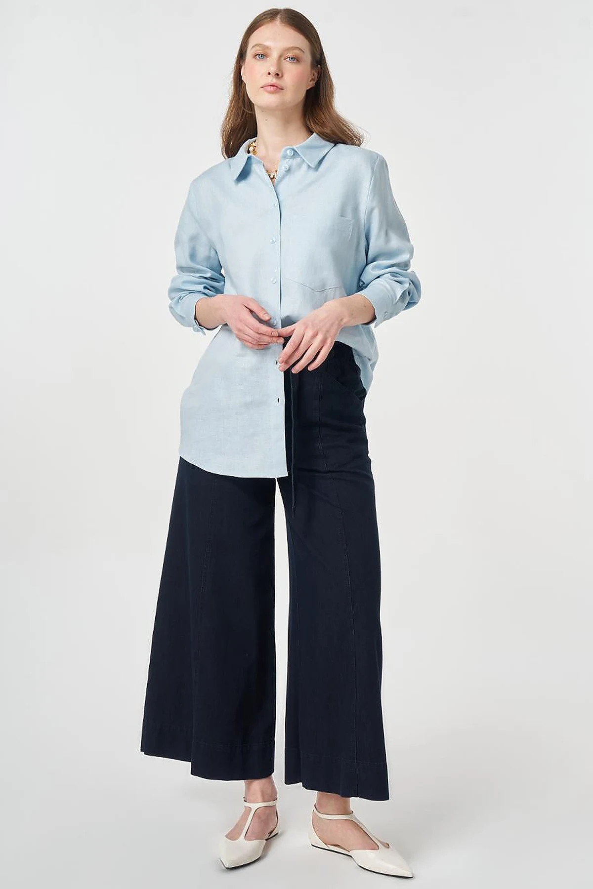 Single Pocket Cotton Lyocell Blouse Blue