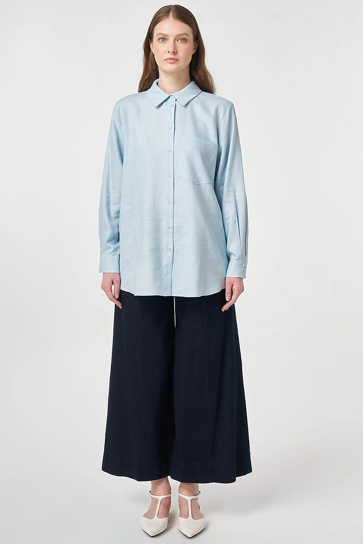 Single Pocket Cotton Lyocell Blouse Blue