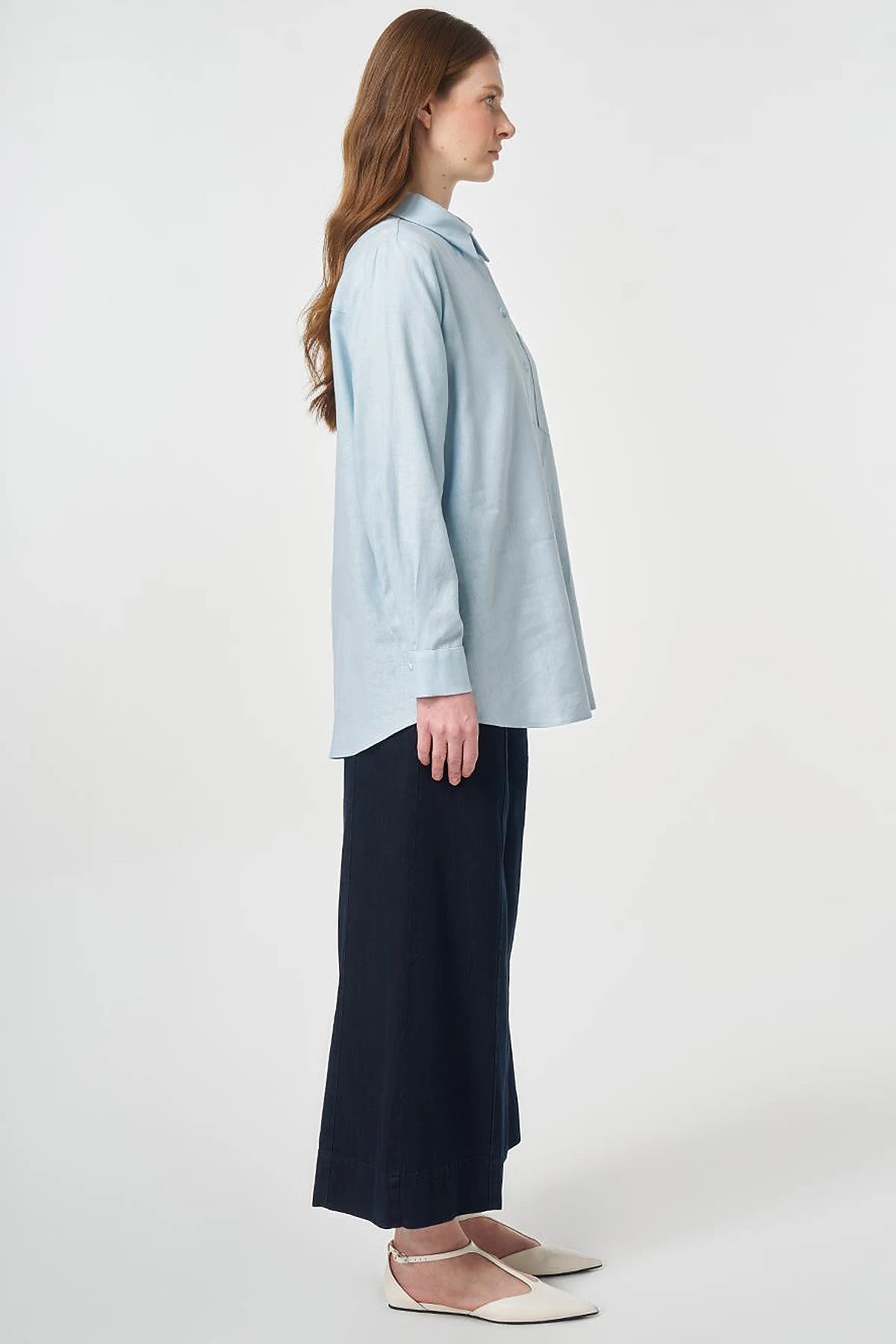 Single Pocket Cotton Lyocell Blouse Blue
