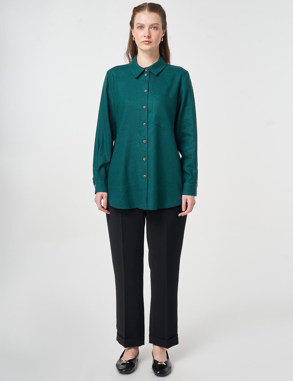 Single Pocket Cotton Lyocell Blouse Pine Green