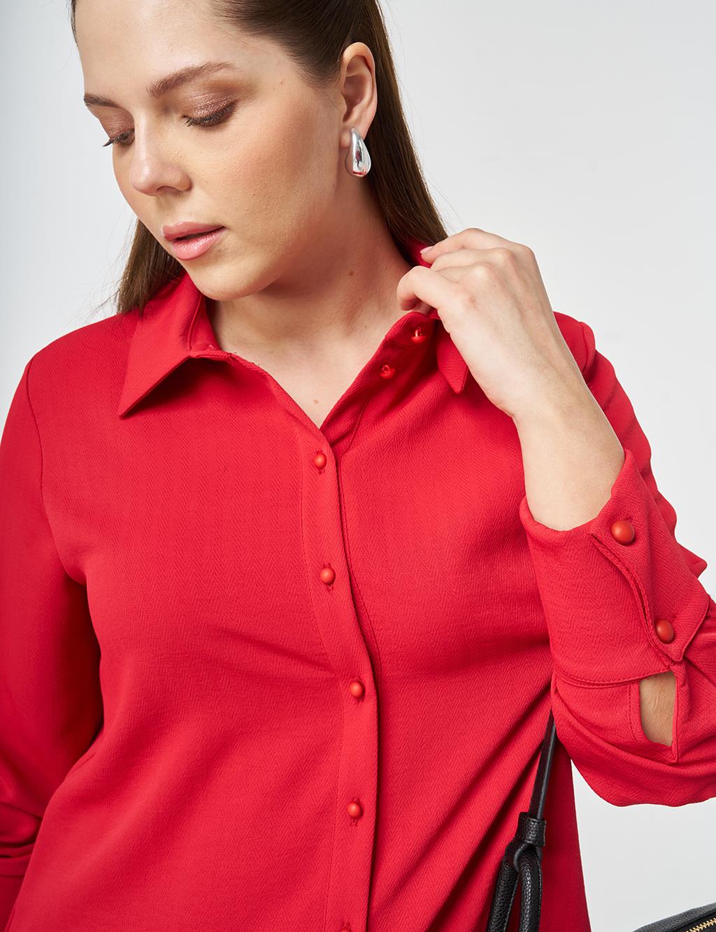 Şerit Detaylı Gömlek Yaka Tunik Kırmızı
