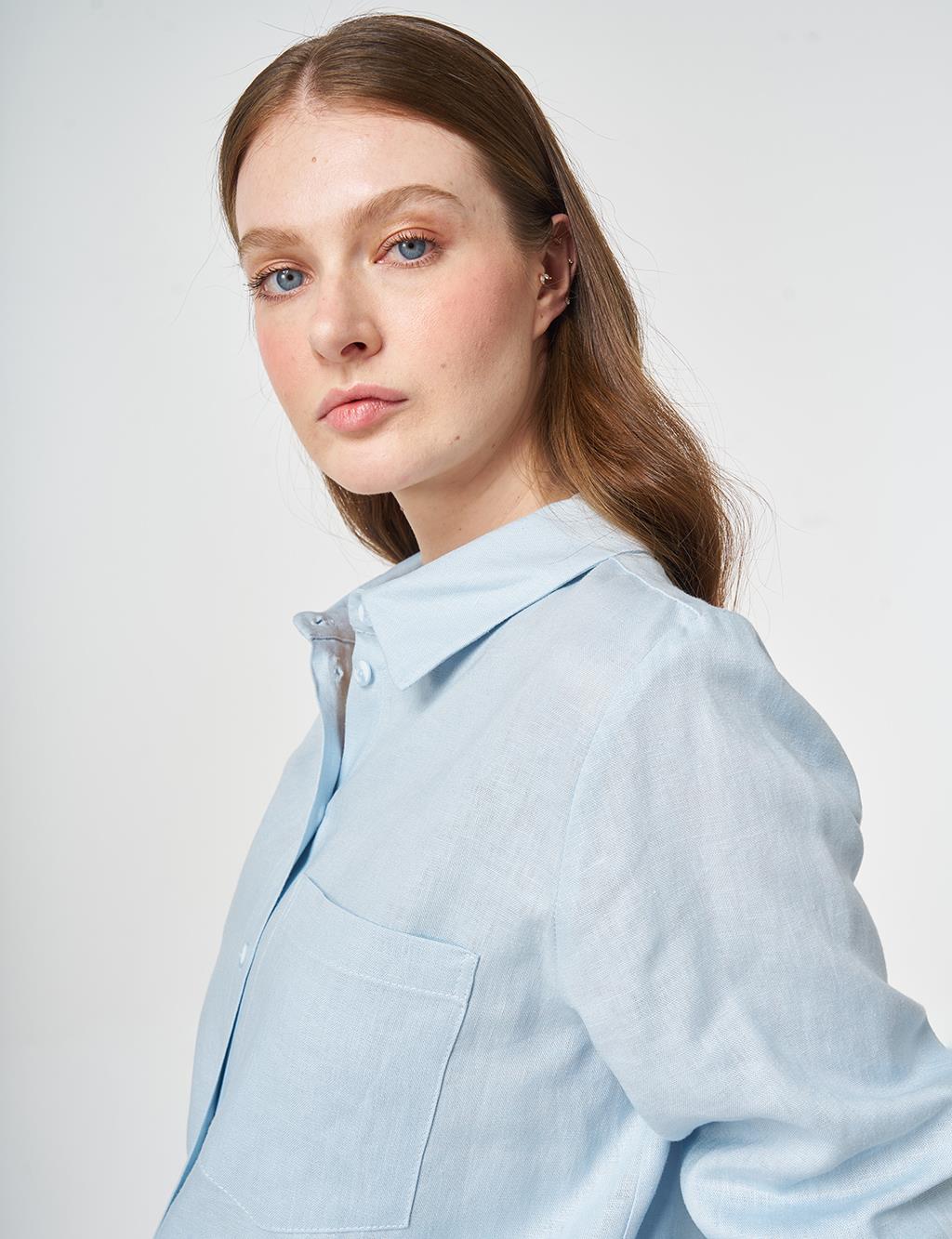 Single Pocket Cotton Lyocell Blouse Blue