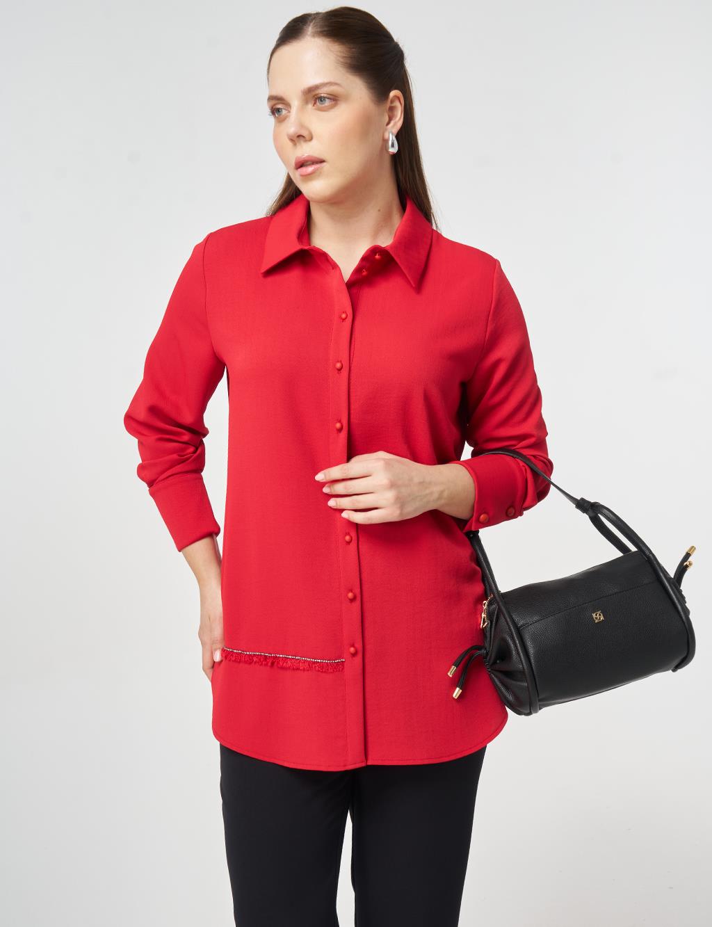 Şerit Detaylı Gömlek Yaka Tunik Kırmızı