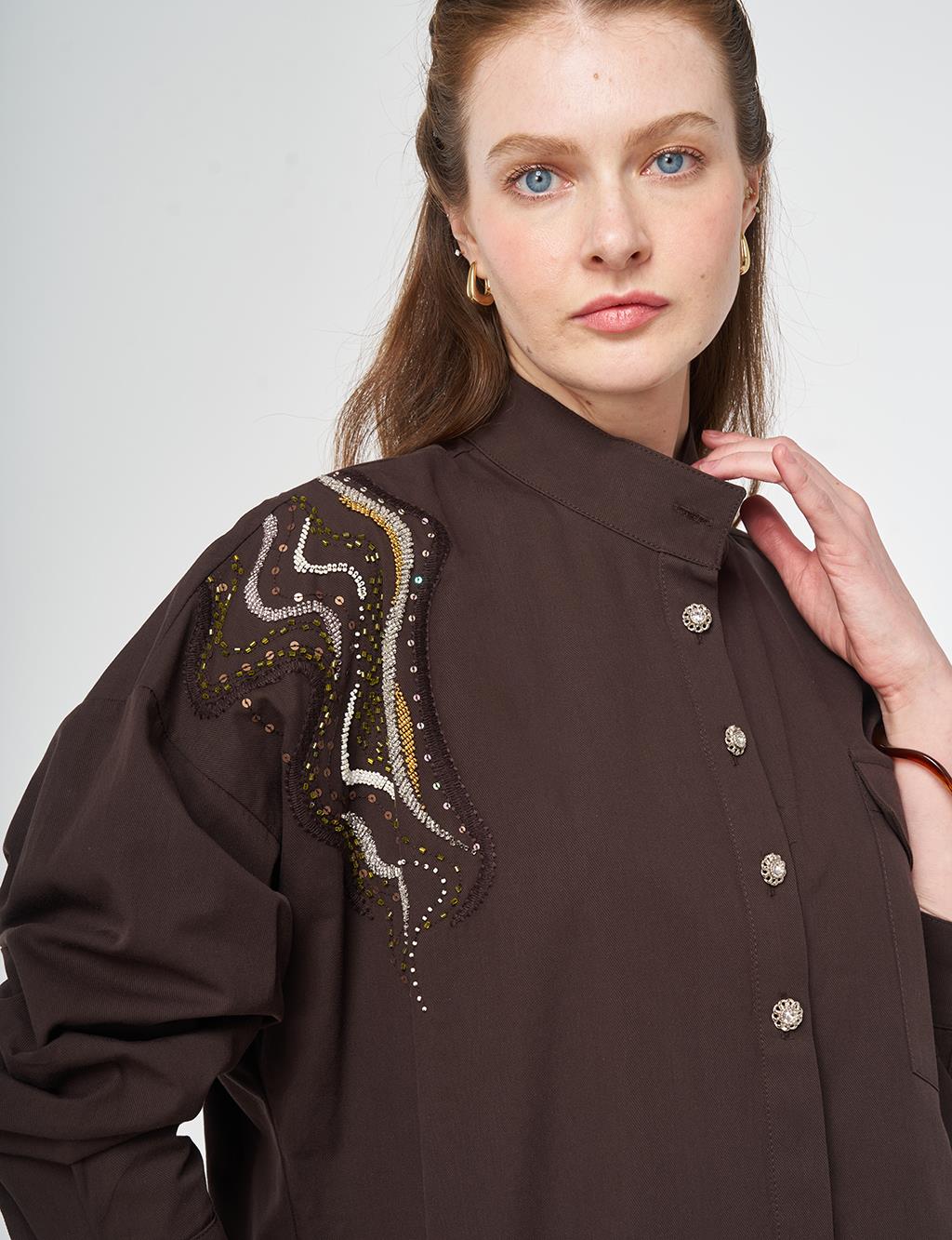 100% Cotton Embroidered-Shoulder Tunic Dark Brown