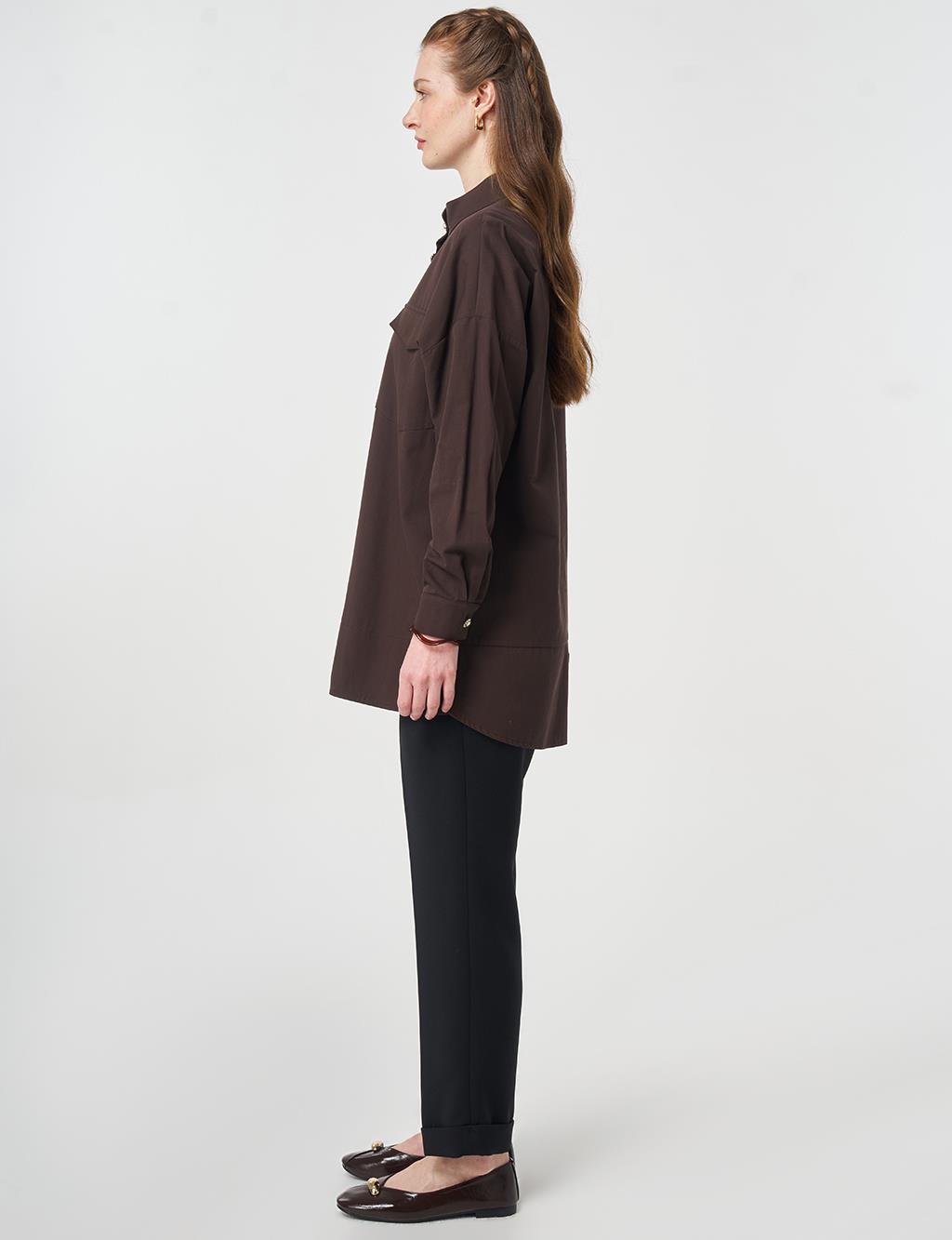 100% Cotton Embroidered-Shoulder Tunic Dark Brown