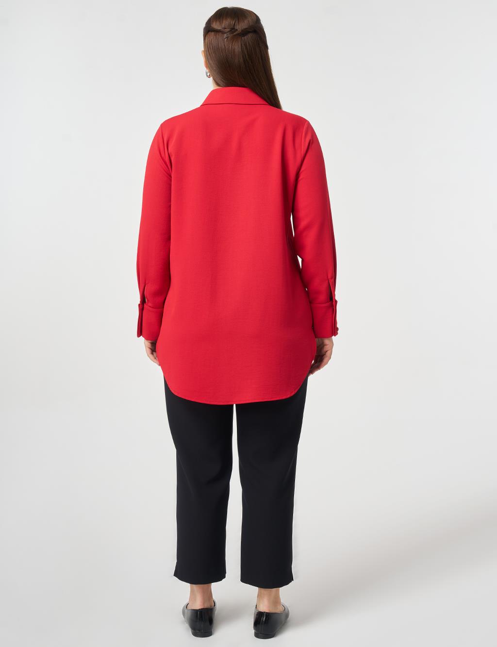 Şerit Detaylı Gömlek Yaka Tunik Kırmızı