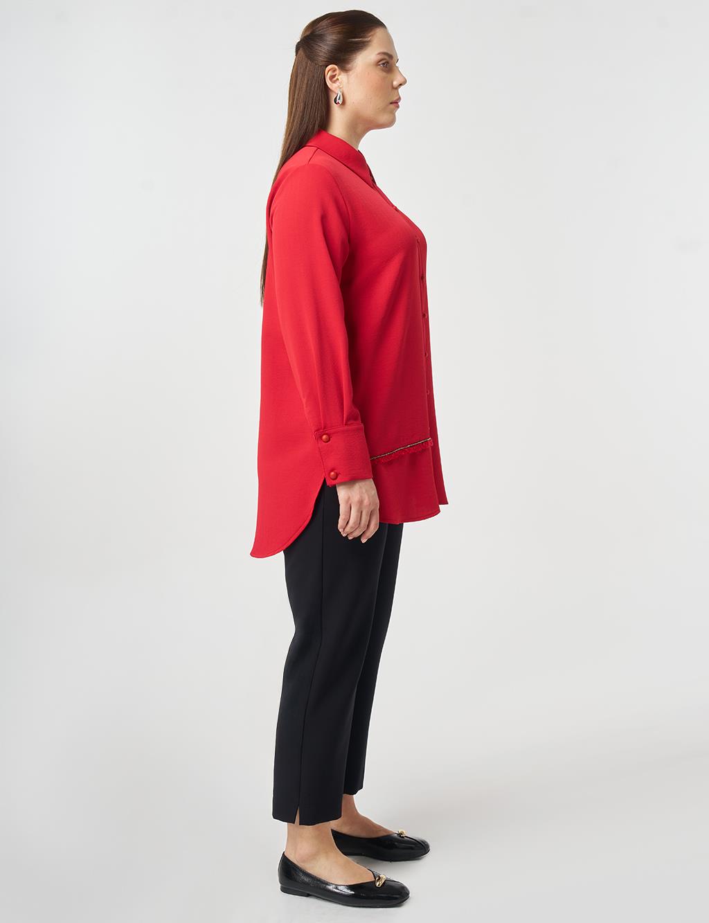 Şerit Detaylı Gömlek Yaka Tunik Kırmızı