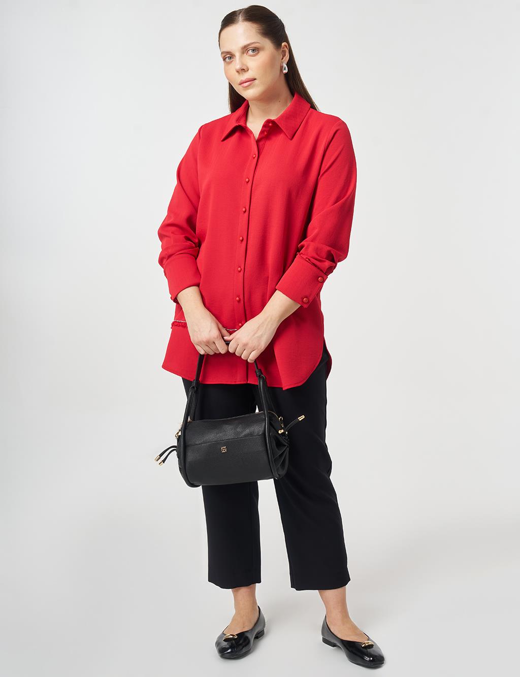 Şerit Detaylı Gömlek Yaka Tunik Kırmızı