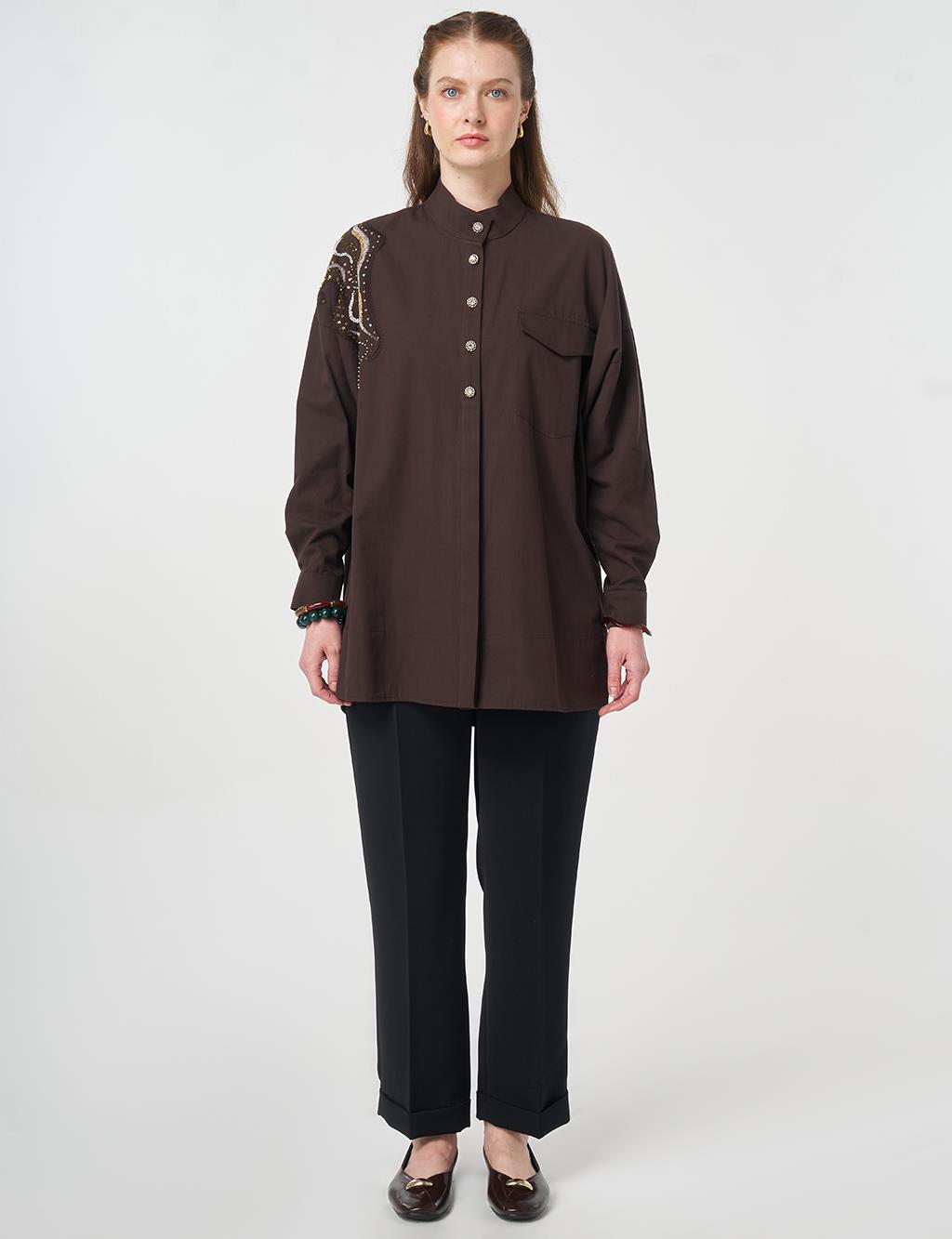 100% Cotton Embroidered-Shoulder Tunic Dark Brown