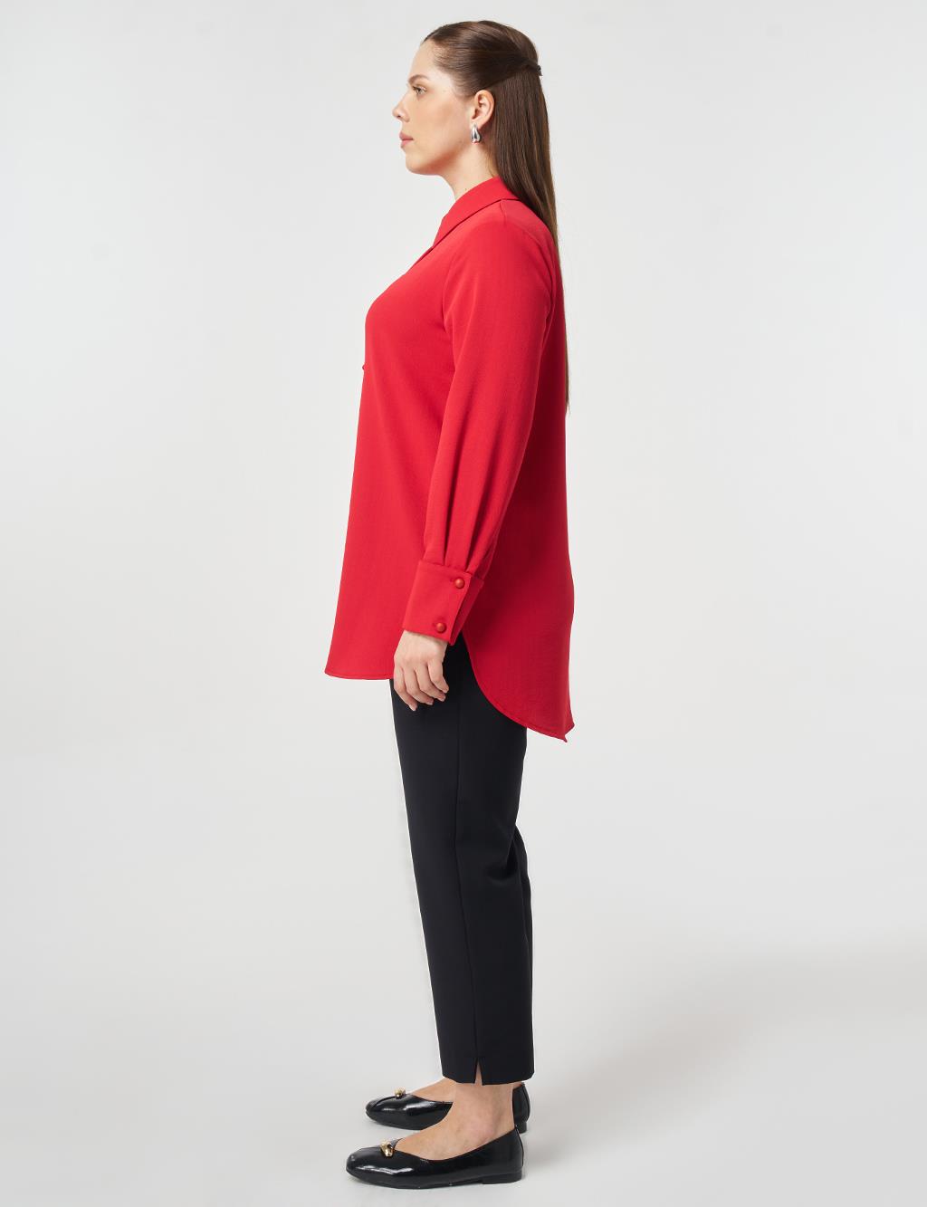 Şerit Detaylı Gömlek Yaka Tunik Kırmızı