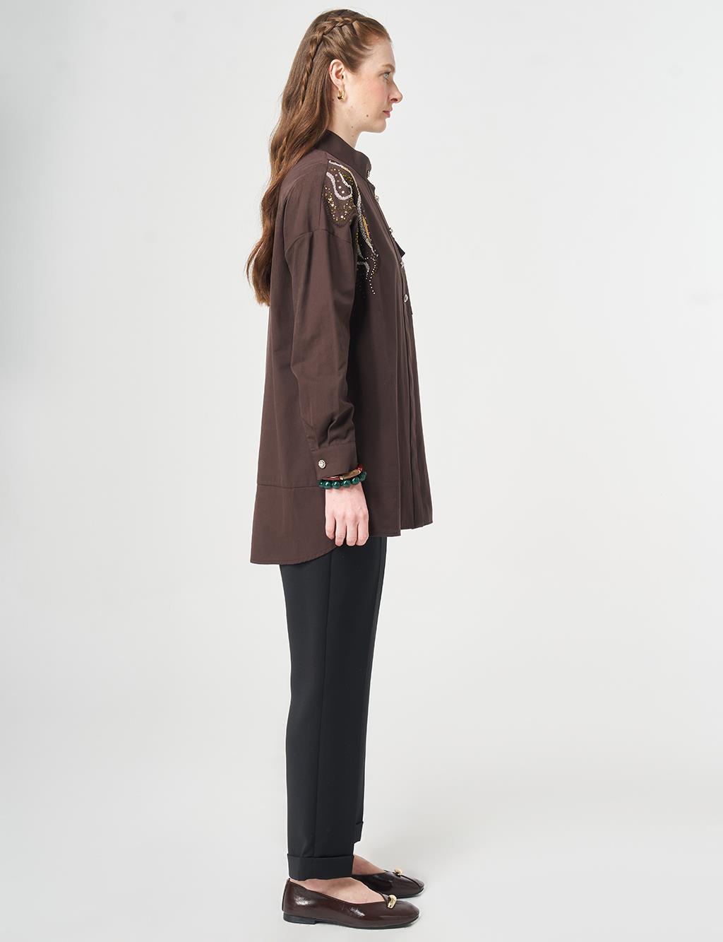 100% Cotton Embroidered-Shoulder Tunic Dark Brown