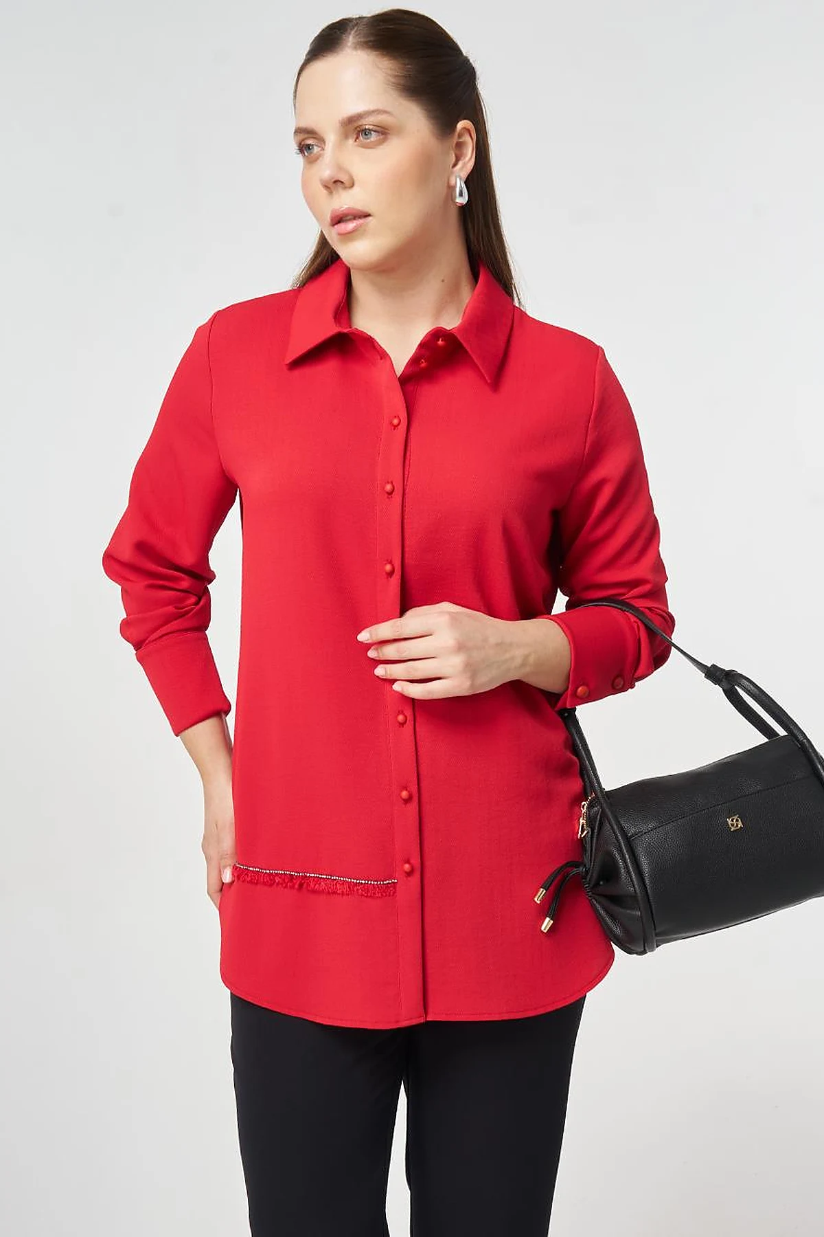 Striped Detail Shirt Collar Tunic Red