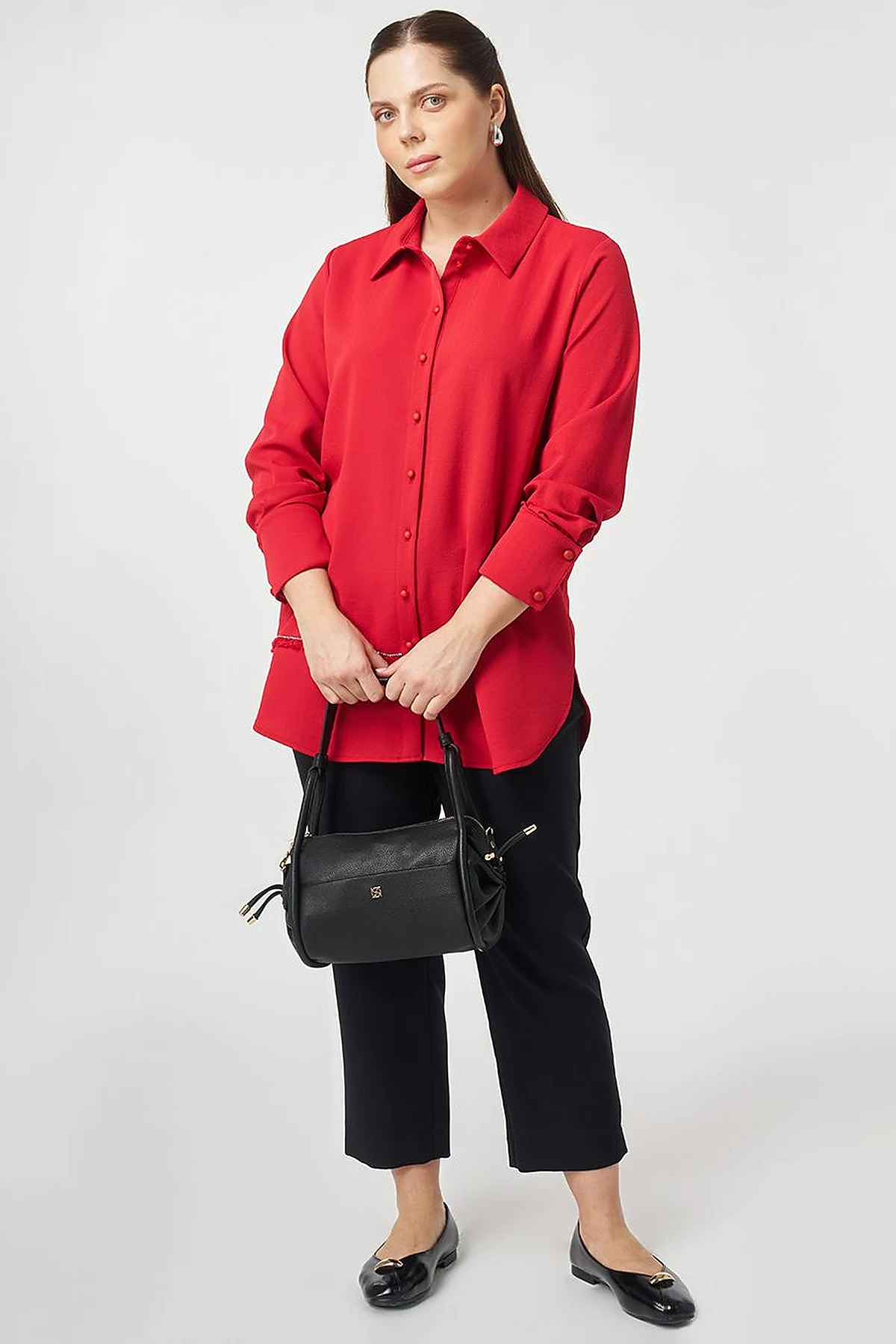Striped Detail Shirt Collar Tunic Red