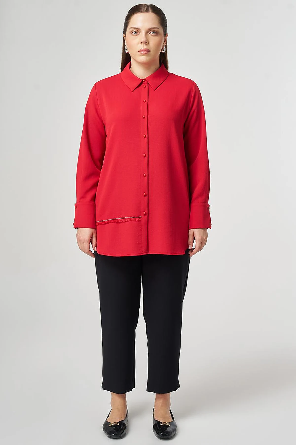 Striped Detail Shirt Collar Tunic Red