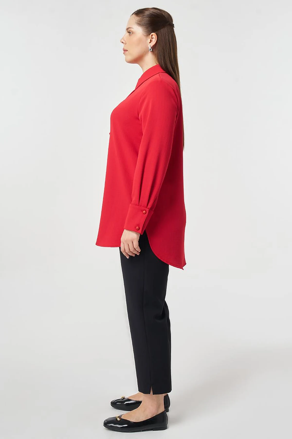 Striped Detail Shirt Collar Tunic Red