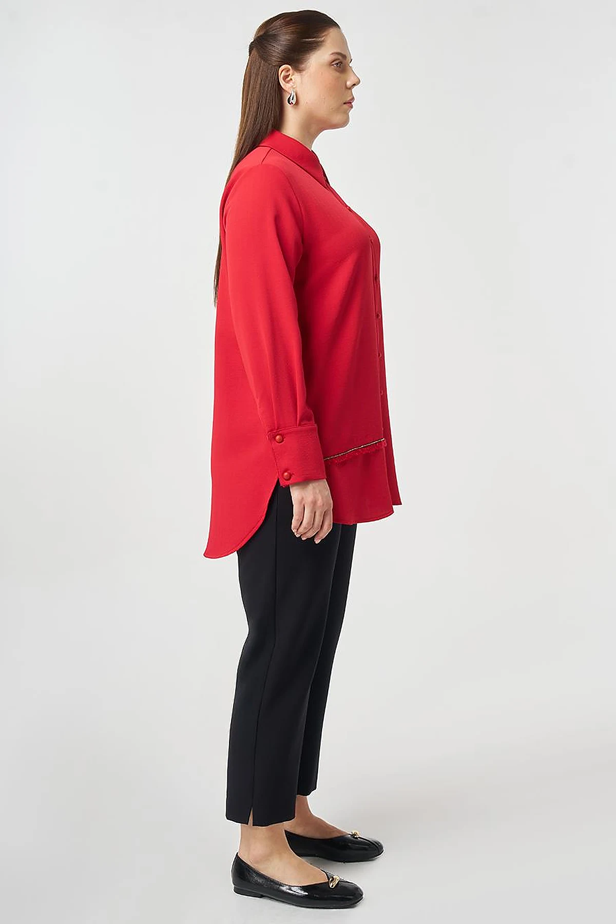 Striped Detail Shirt Collar Tunic Red