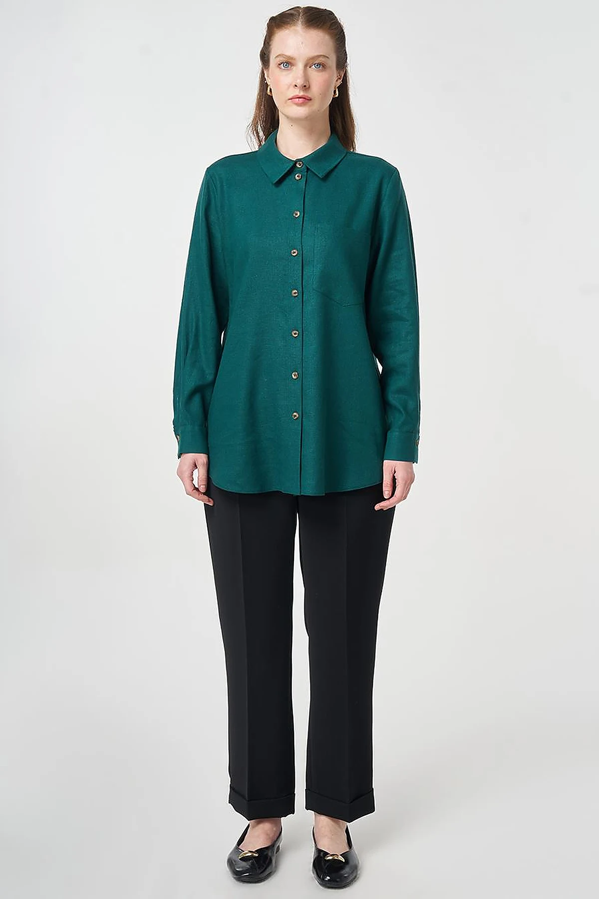 Single Pocket Cotton Lyocell Blouse Pine Green