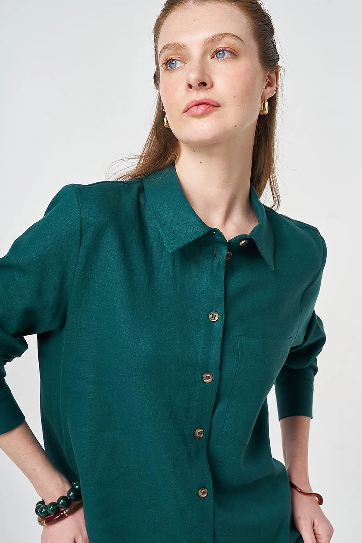 Single Pocket Cotton Lyocell Blouse Pine Green