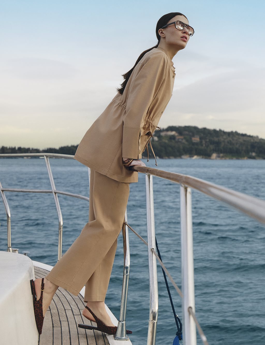 Button-Detail Cotton Two-Piece Set Beige