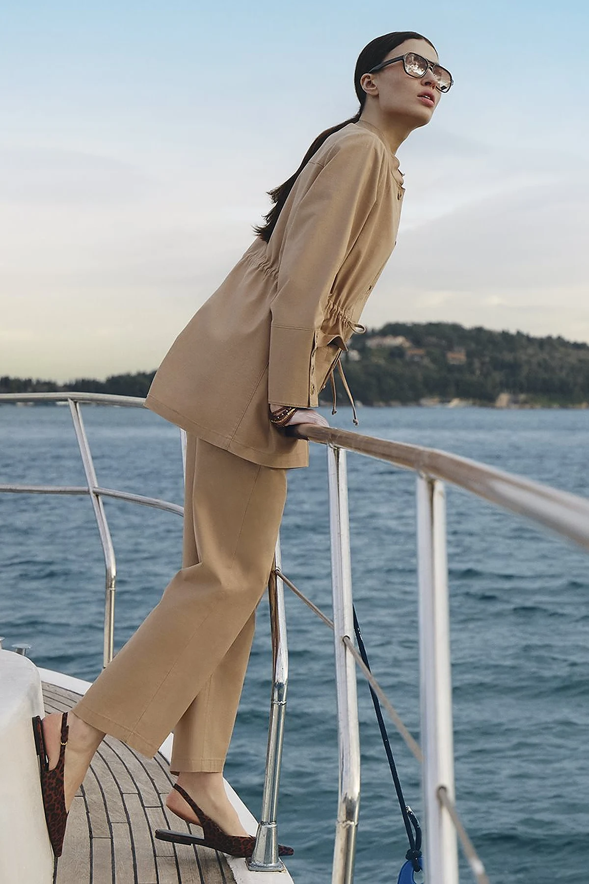 Button-Detail Cotton Two-Piece Set Beige