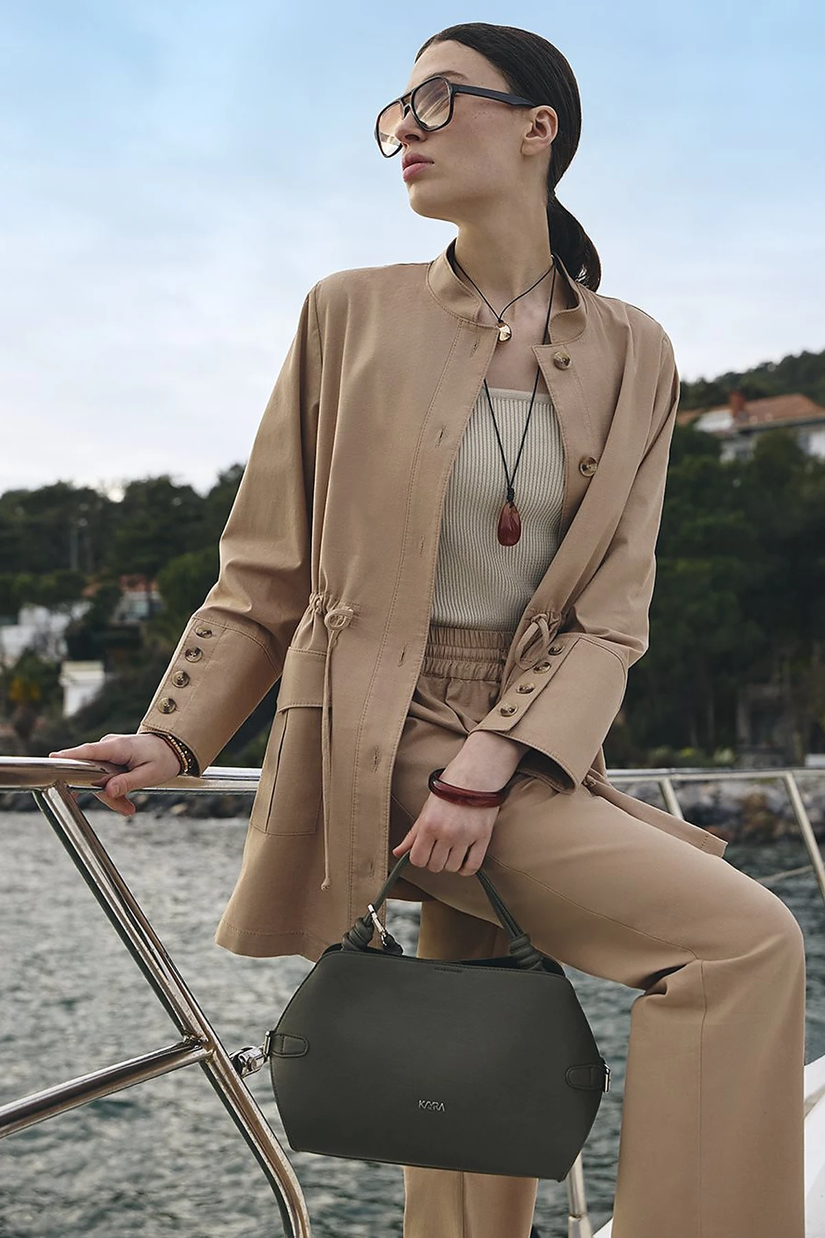 Button-Detail Cotton Two-Piece Set Beige