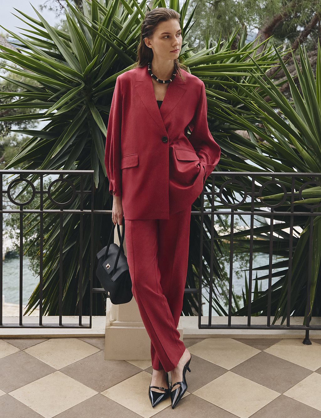 Lyocell Linen Two-Piece Set with Flap Pockets Ruby