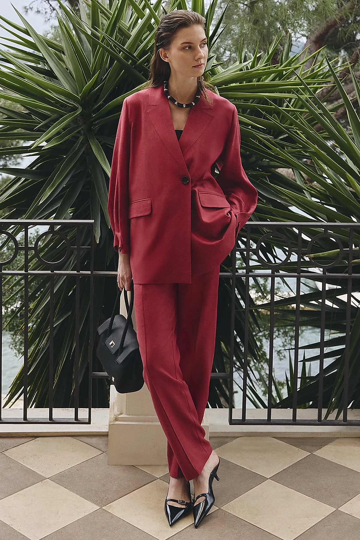 Lyocell Linen Two-Piece Set with Flap Pockets Ruby