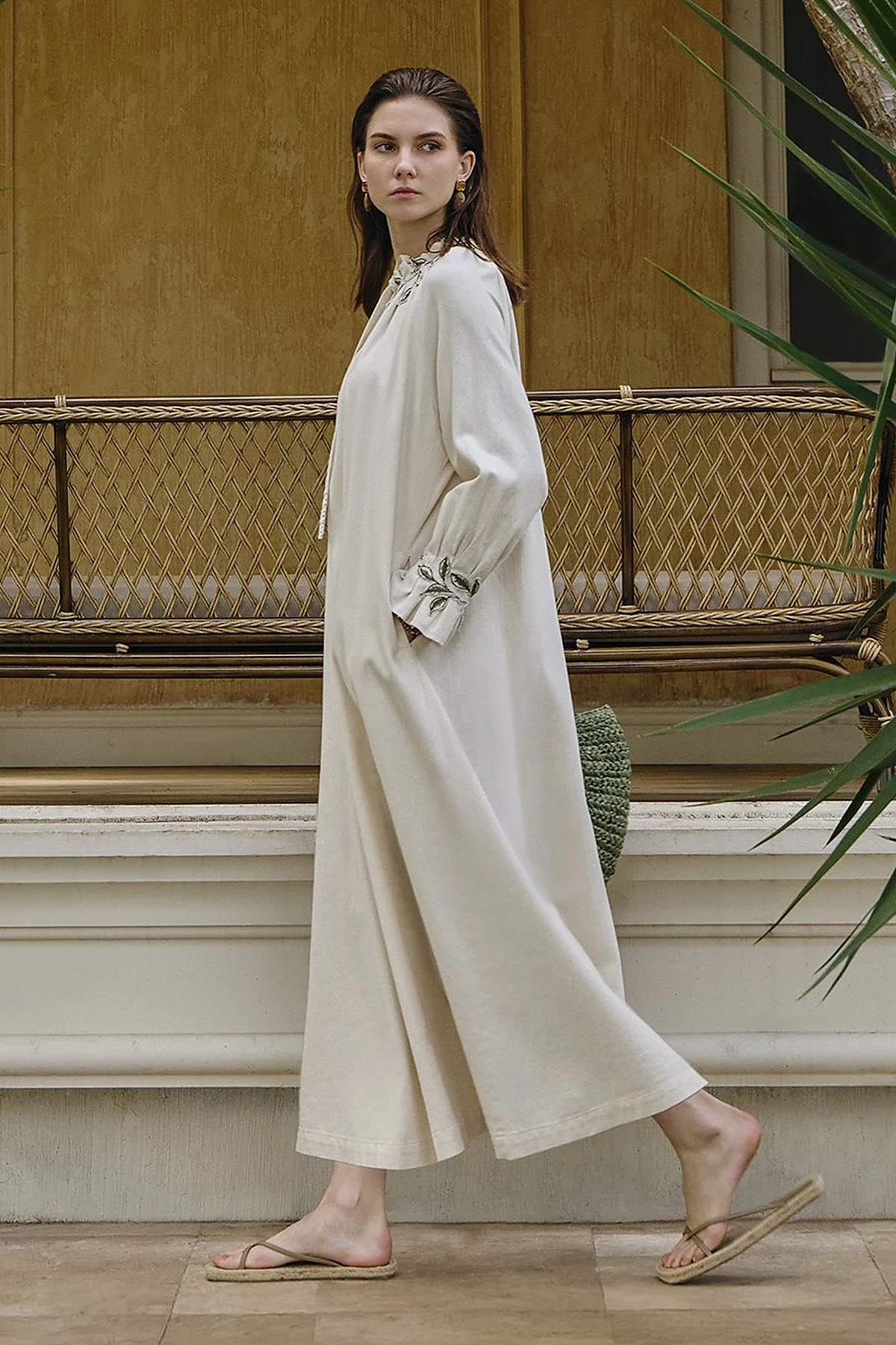 Cuff Detailed Lyocell Cotton Dress Cream
