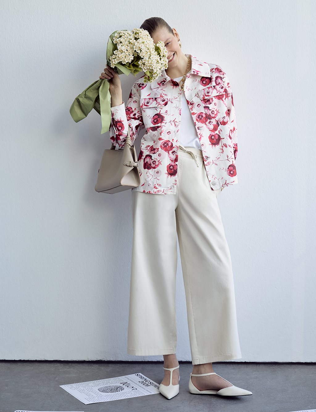 Floral Pattern Cotton Jacket Cream