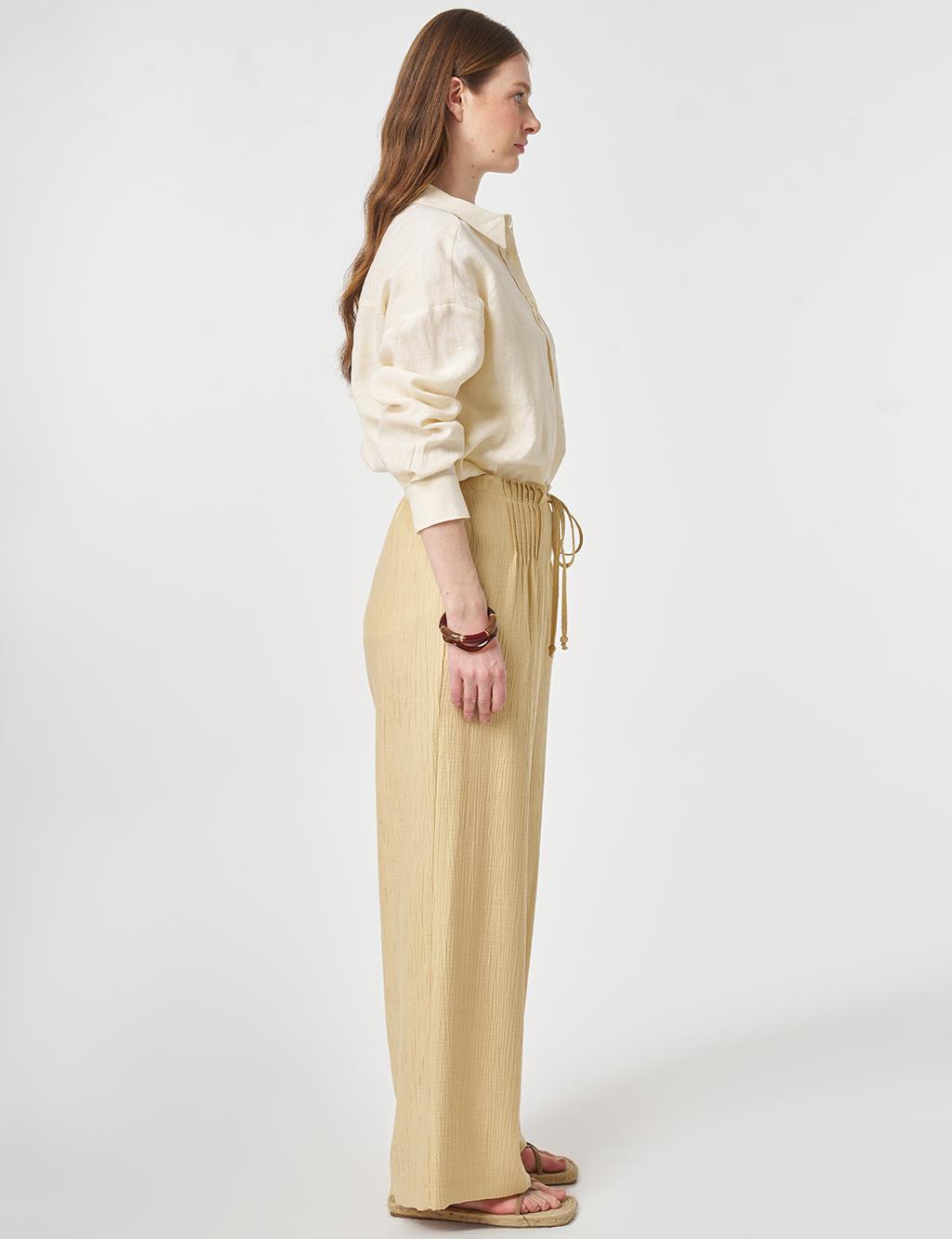 Wide Leg Crinkle Trousers Light Yellow