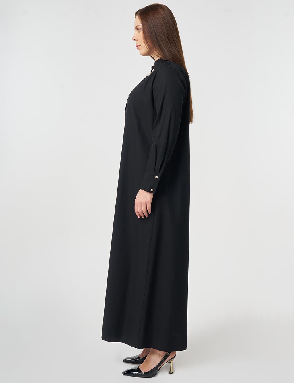 Mandarin Collar Lyocell Cotton Dress Black