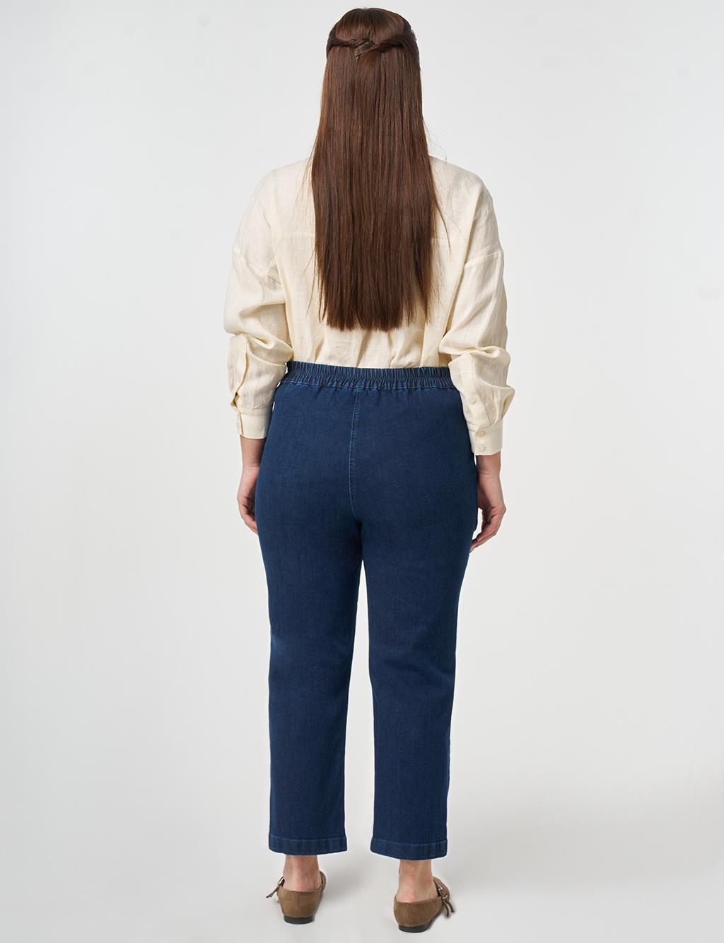 Elastic Waist Washed Denim Pants Indigo