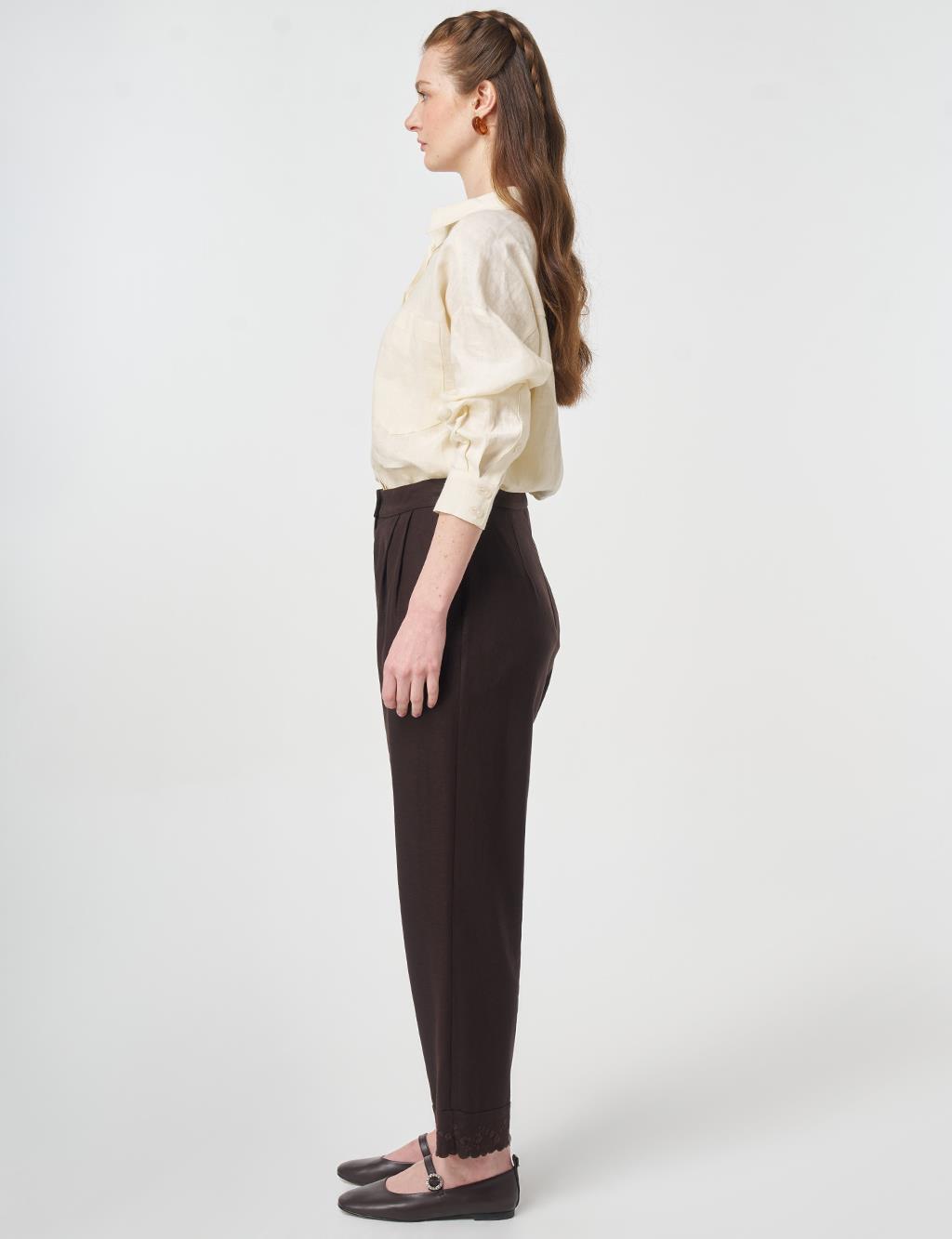 Hem Detail Linen Pants Dark Brown