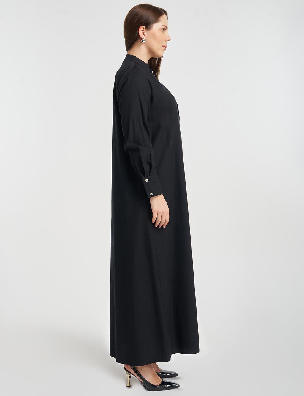 Mandarin Collar Lyocell Cotton Dress Black