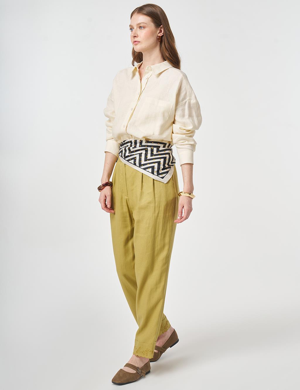 Hem Detail Linen Pants Olive Green