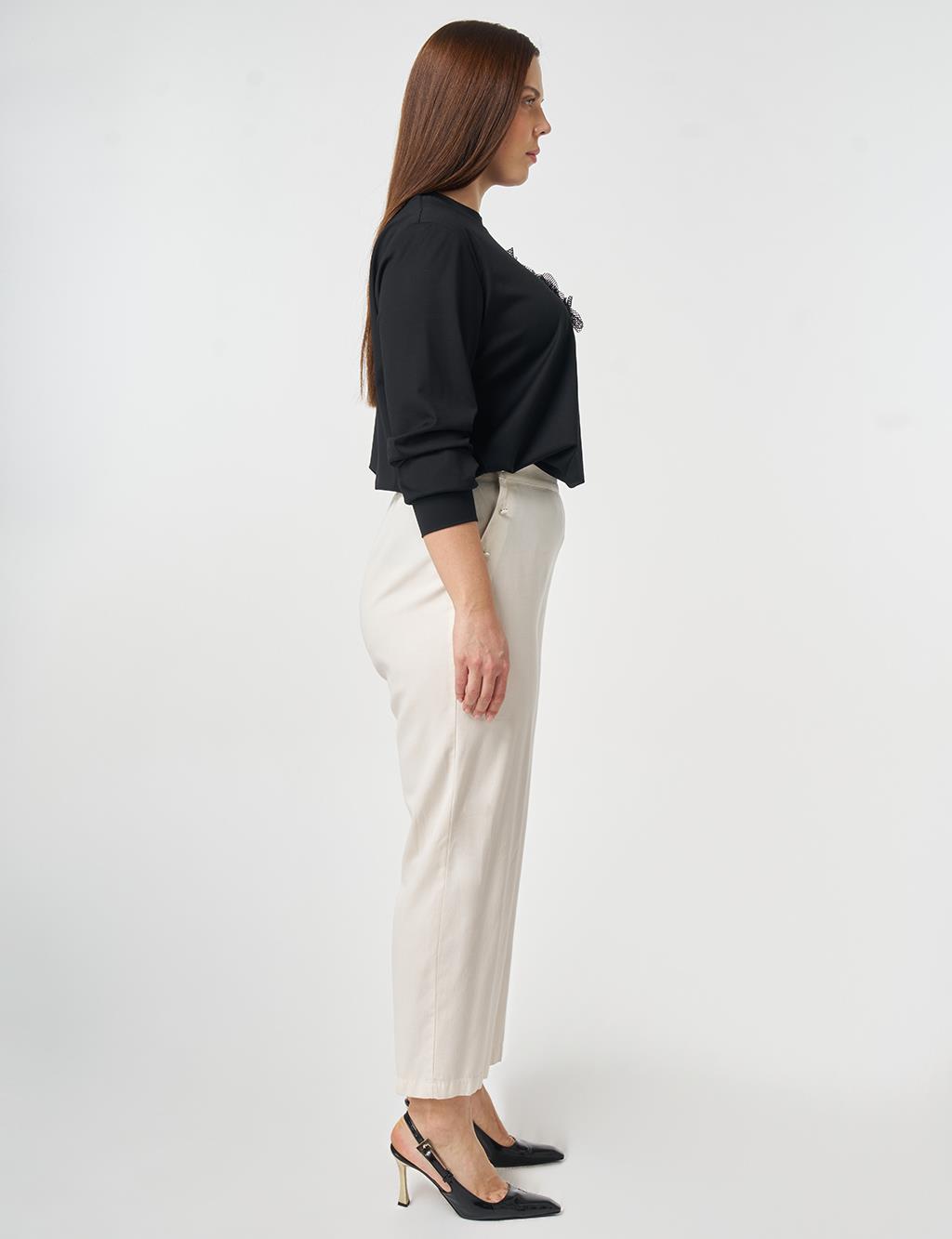 Button Detail Lyocell Cotton Trousers Cream