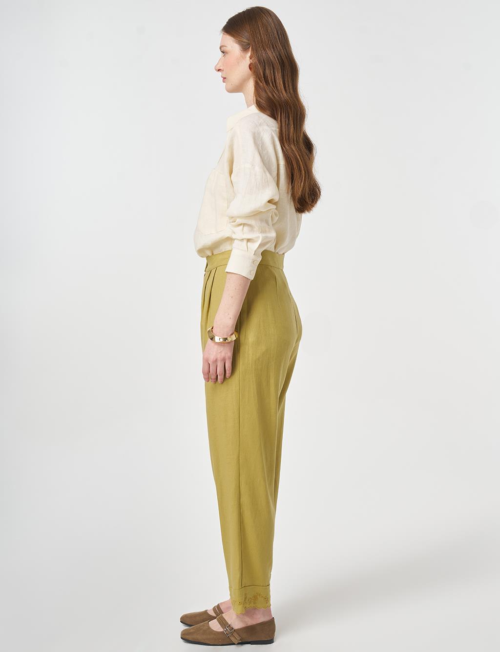 Hem Detail Linen Pants Olive Green