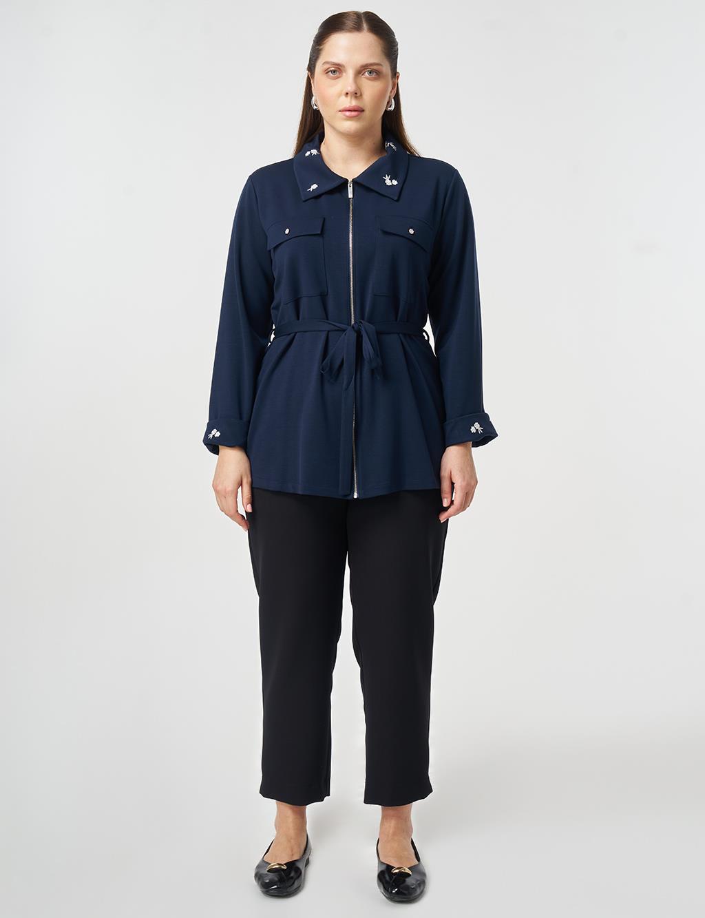 Yakası İşlemeli Modal Sweatshirt Koyu Lacivert