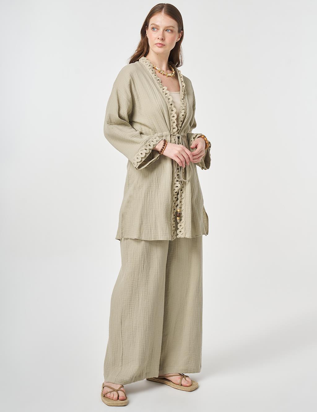 Striped Lace Detail Muslin Two-Piece Set Moss Green