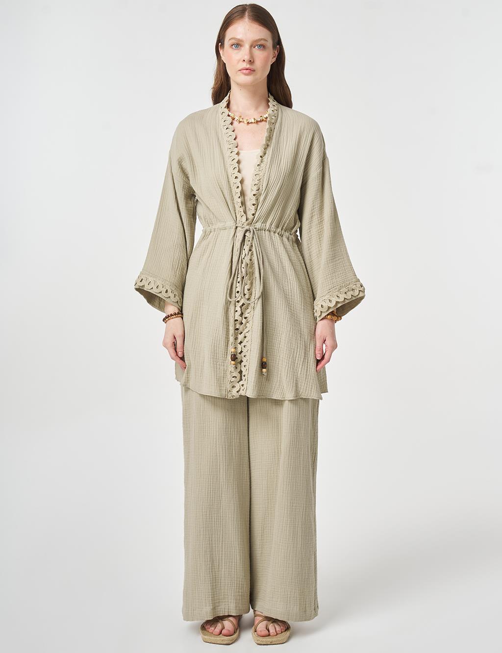 Striped Lace Detail Muslin Two-Piece Set Moss Green