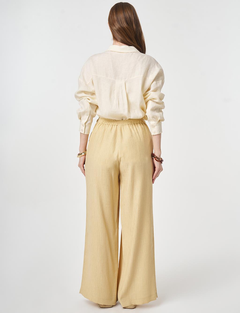 Wide Leg Crinkle Trousers Light Yellow
